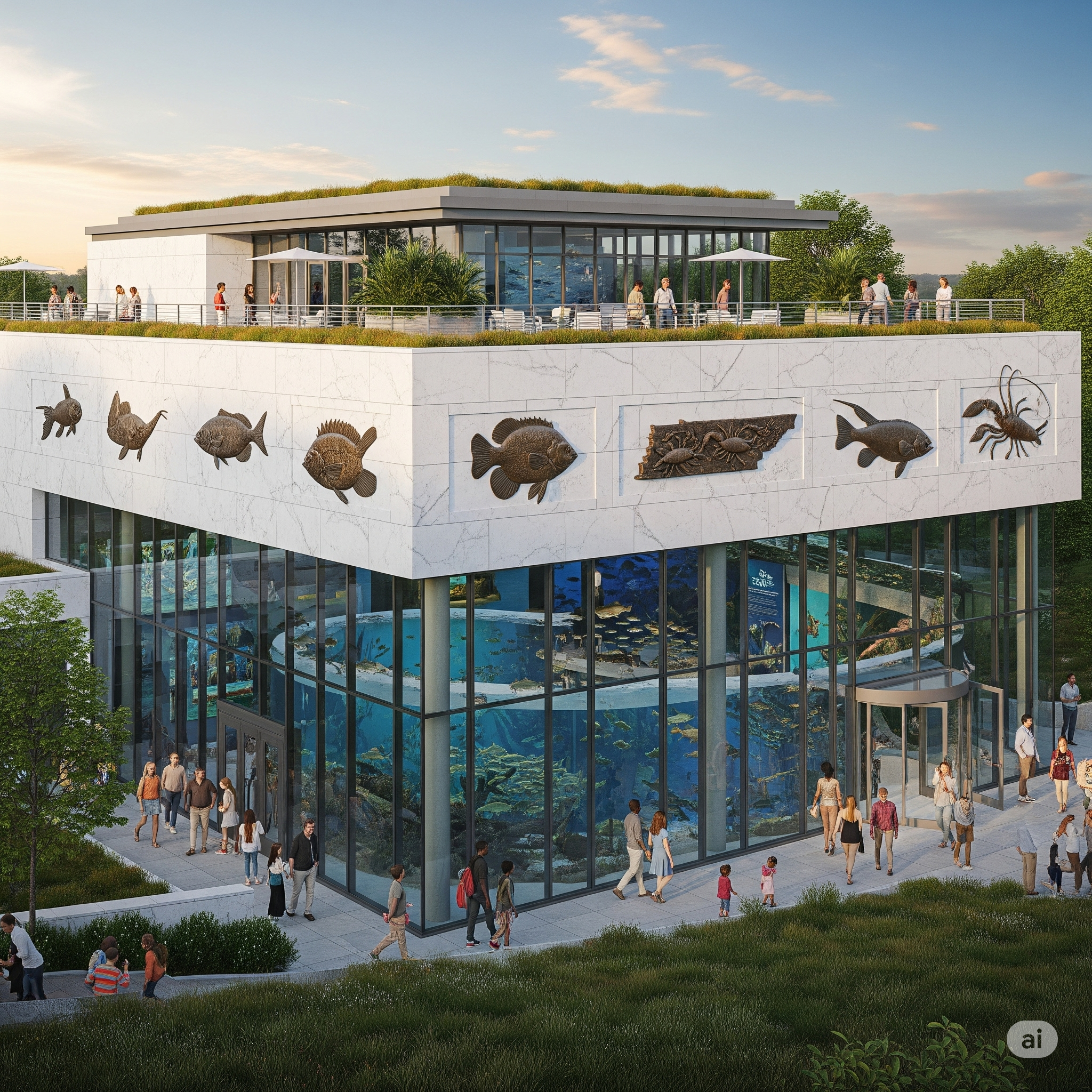 A Google Gemini rendering of an aquarium building. It reflects the prompt used: Create a photograph of an architecturally interesting aquarium building of about 150,000 square feet. The building should have an exterior with a lot of marble and glass. It is two stories tall. It has a patio on the roof and also some sedum. The building is sited in a park on a hill. The name of the building is the Knoxville Aquarium. We should be able to see fish tanks and similar structures through the windows. The aquarium focuses on freshwater fish from Tennessee. Bronze relief structures of freshwater animals are inset in the facade of the building. A diverse set of people are visiting the aquarium