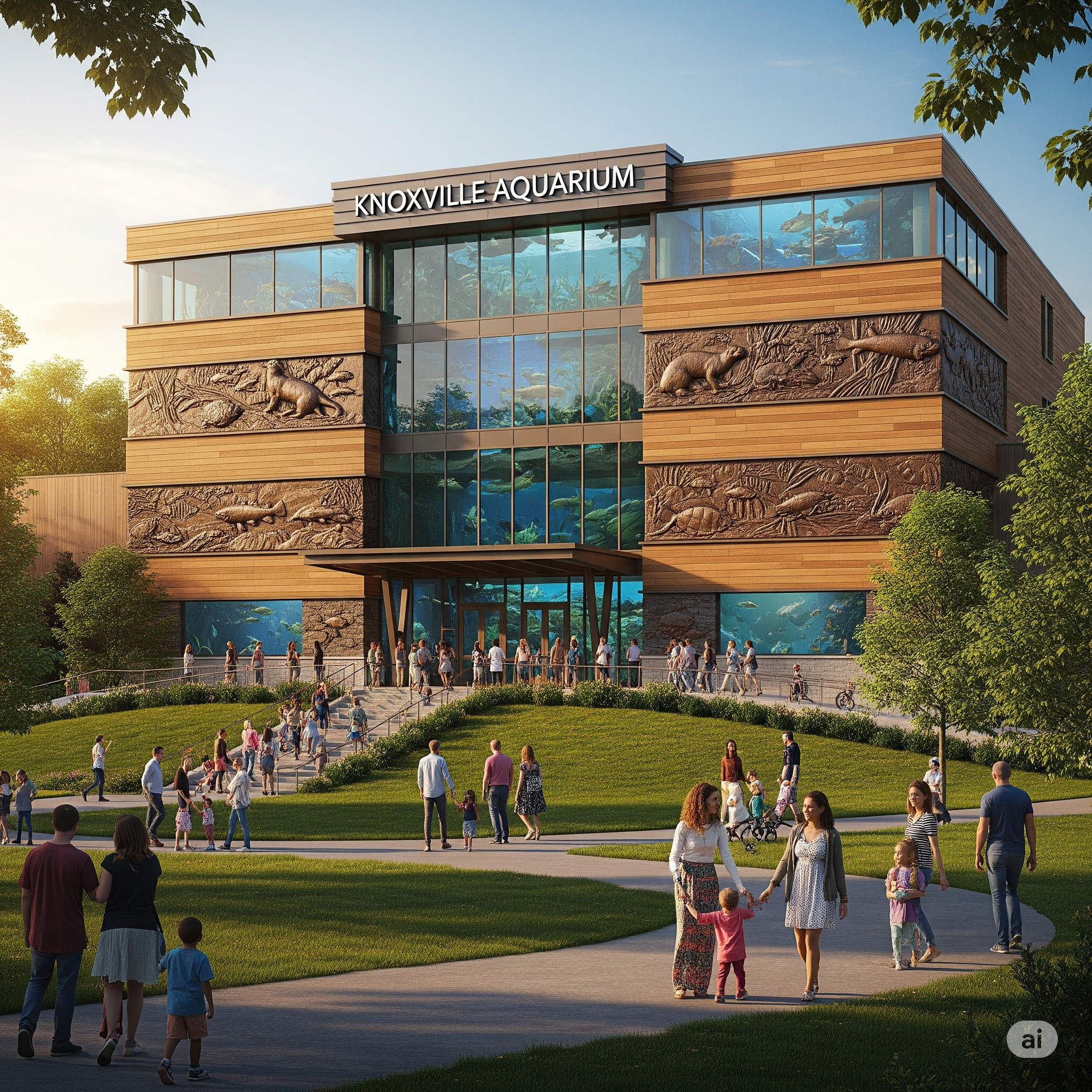 A Google Gemini rendering of an aquarium building. It reflects the prompt used: Create a photograph of an architecturally interesting aquarium building of about 150,000 square feet. It should be clad in wood but with large windows. It is three stories tall. The building is sited in a park on a hill. The name of the building is the Knoxville Aquarium. We should be able to see fish tanks and similar structures through the windows. The aquarium focuses on freshwater fish from Tennessee. Bronze relief structures of freshwater animals are inset in the facade of the building. A diverse set of people are visiting the aquarium