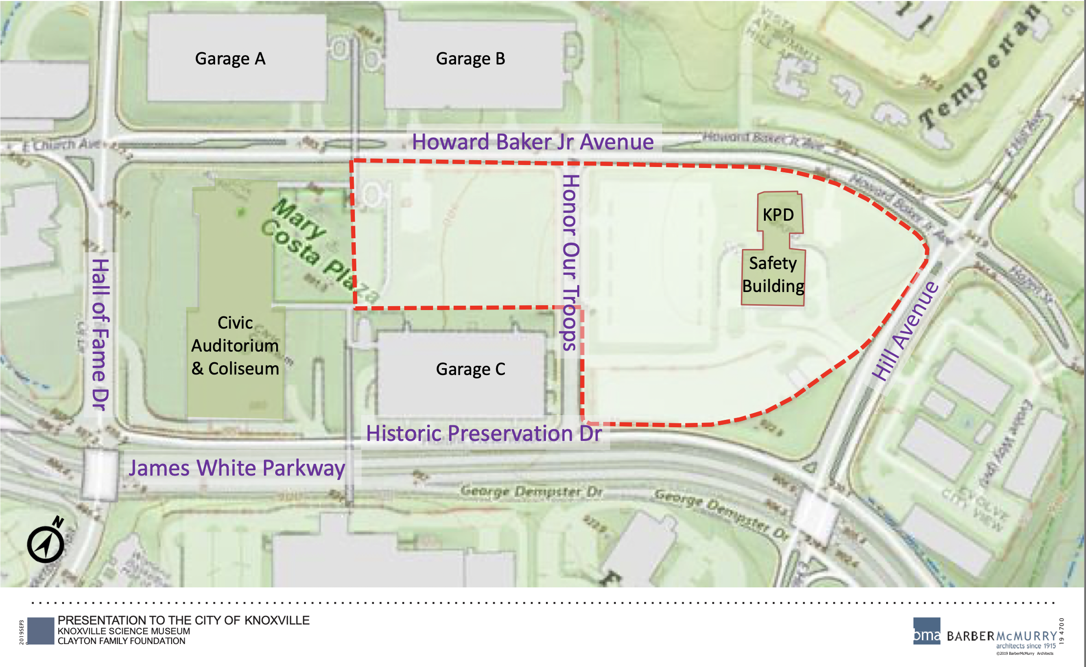 Map of the site. It shows a irregular plot bordered by Howard Baker Jr. Avenue, Hill Avenue, and James White Parkway just to the east of the Civic Auditorium & Coliseum. There are three nearby parking garages.